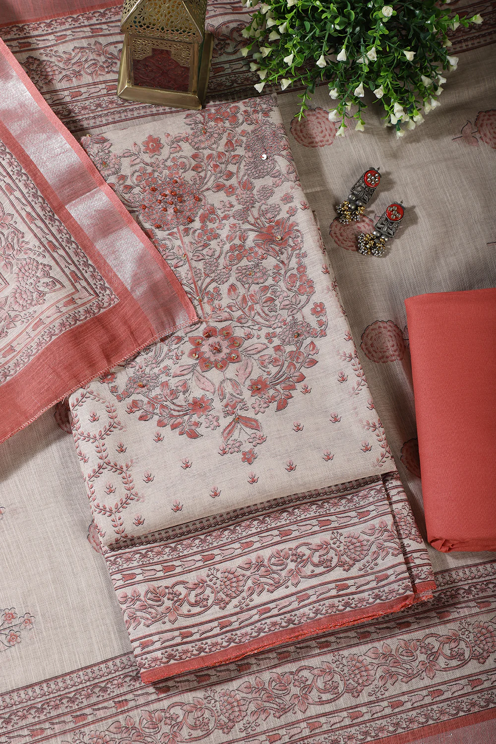 Beige & Peach Floral Printed Unstitched Suit Fabric - Image 4
