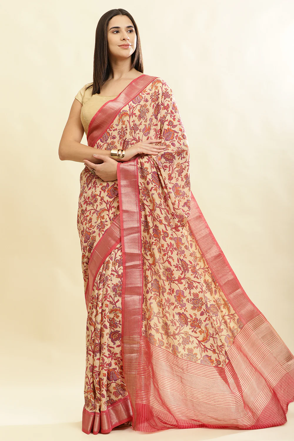 Beige & Pink Cotton Silk Floral Printed Saree - Image 4