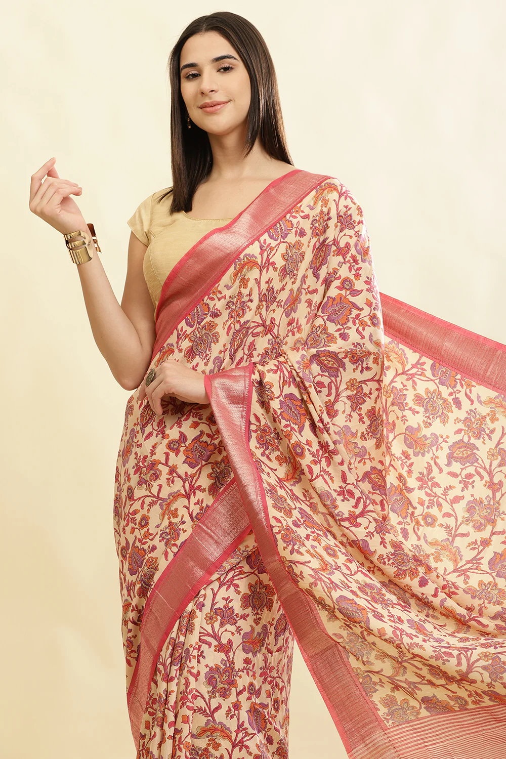Beige & Pink Cotton Silk Floral Printed Saree - Image 6