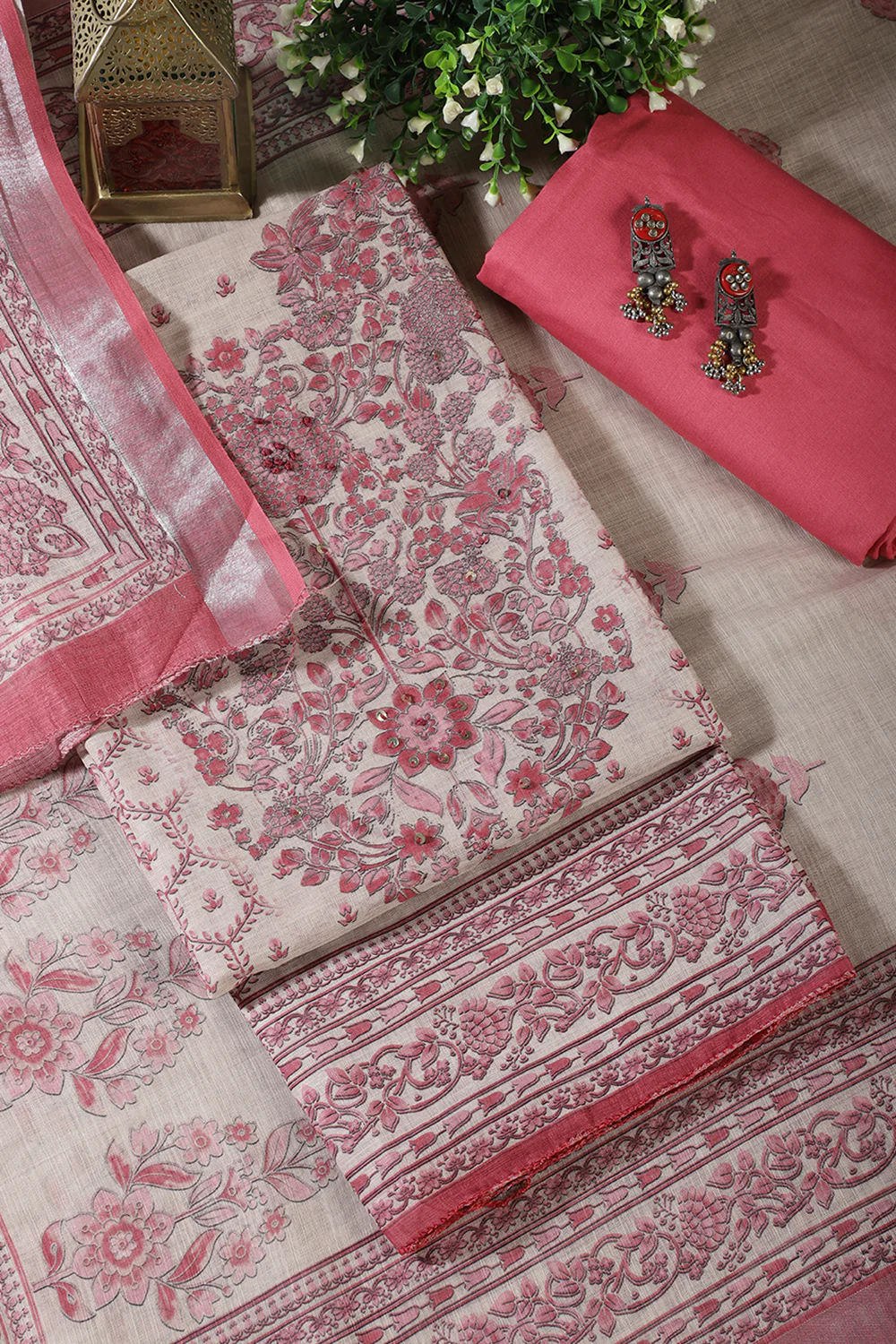 Beige & Pink Floral Printed Unstitched Suit Fabric