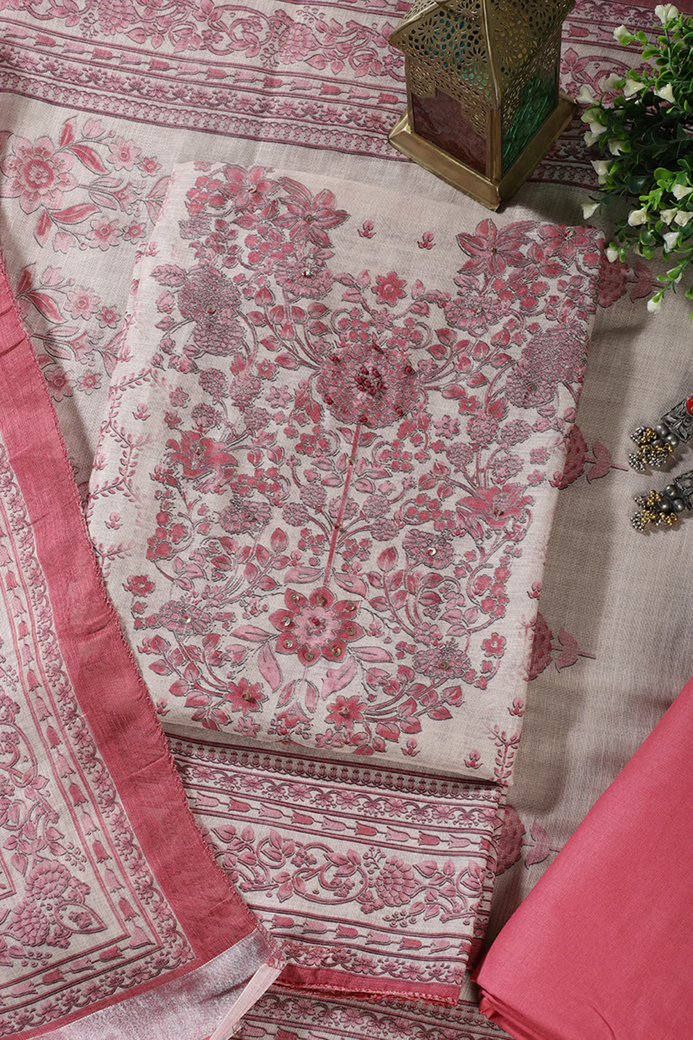 Beige & Pink Floral Printed Unstitched Suit Fabric - Image 2