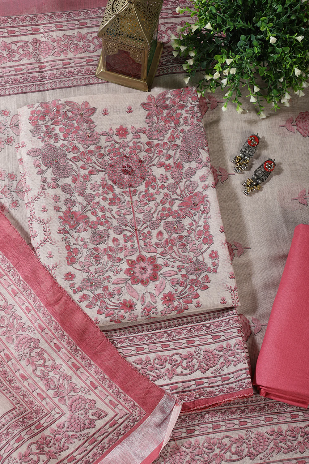 Beige & Pink Floral Printed Unstitched Suit Fabric - Image 3