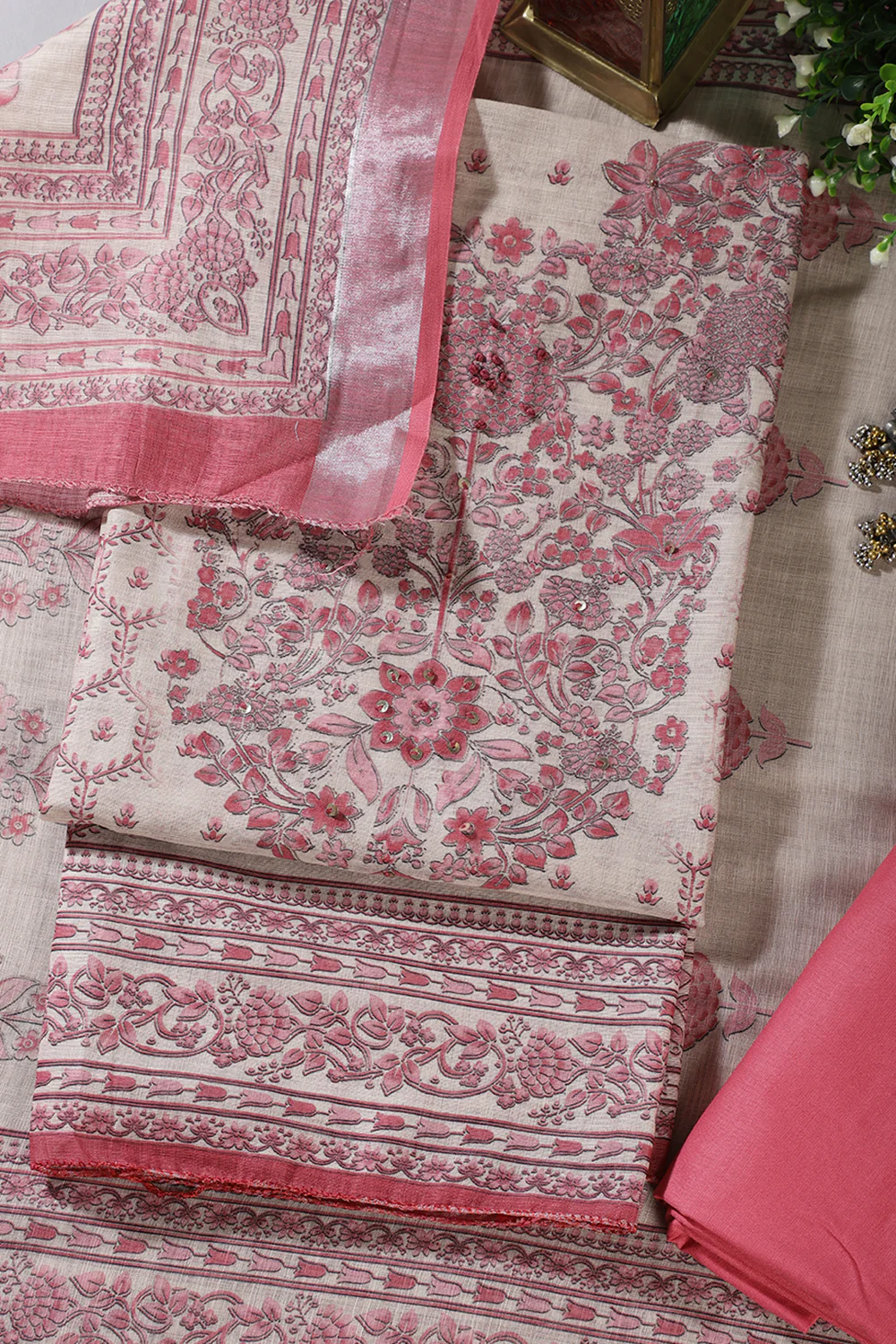 Beige & Pink Floral Printed Unstitched Suit Fabric - Image 4