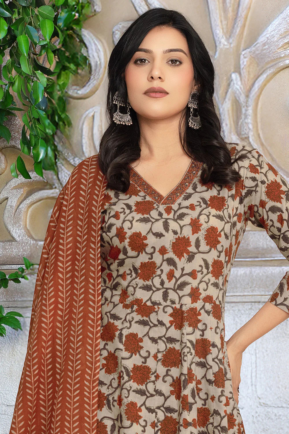 Beige & Rust Cotton Floral Printed Floor Lenght Anarkali Suit - Image 2