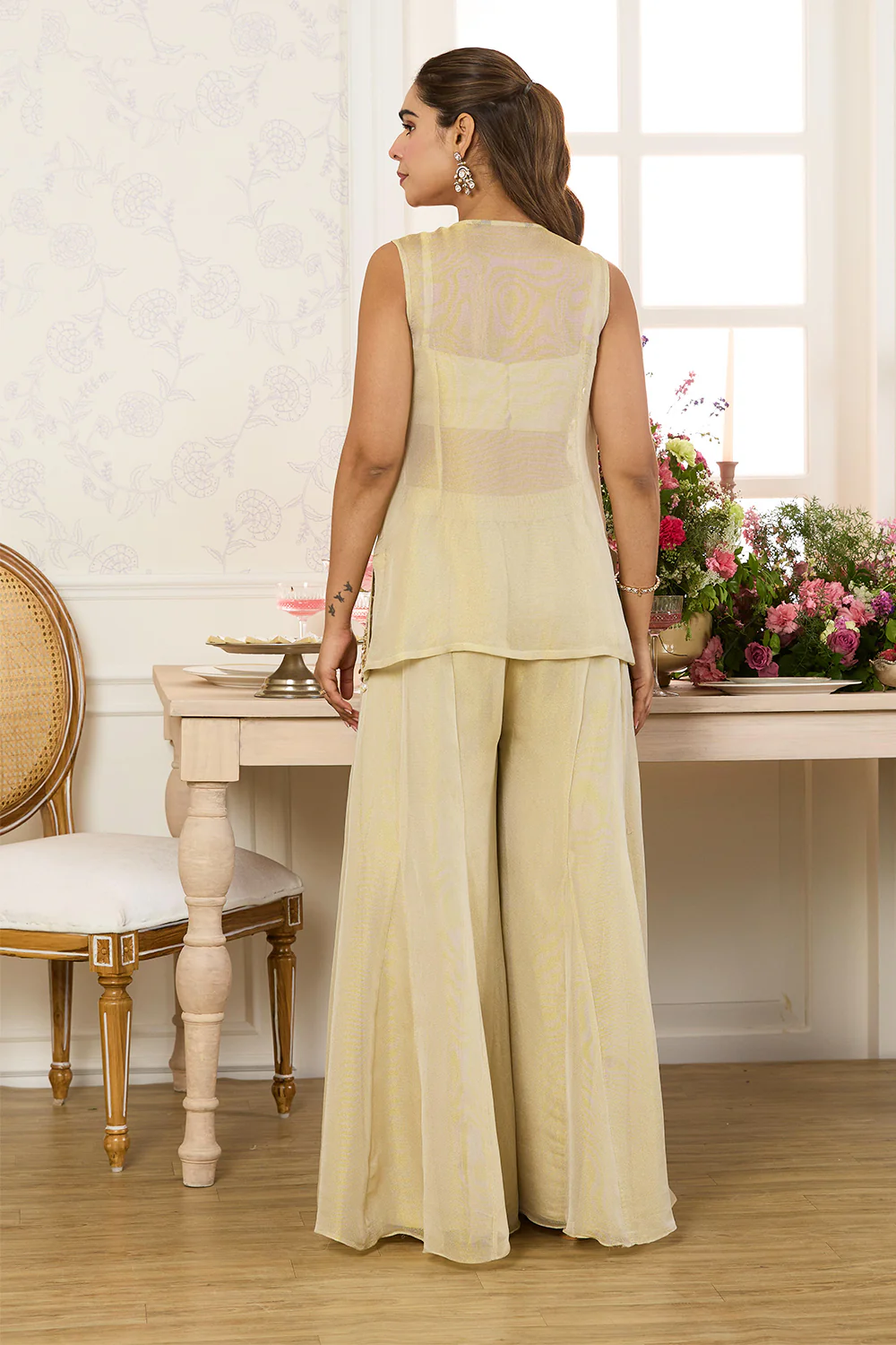 Beige Shimmer Fabric Embroidered Jacket, Crop Top & Palazzo Co-ord Set - Image 3