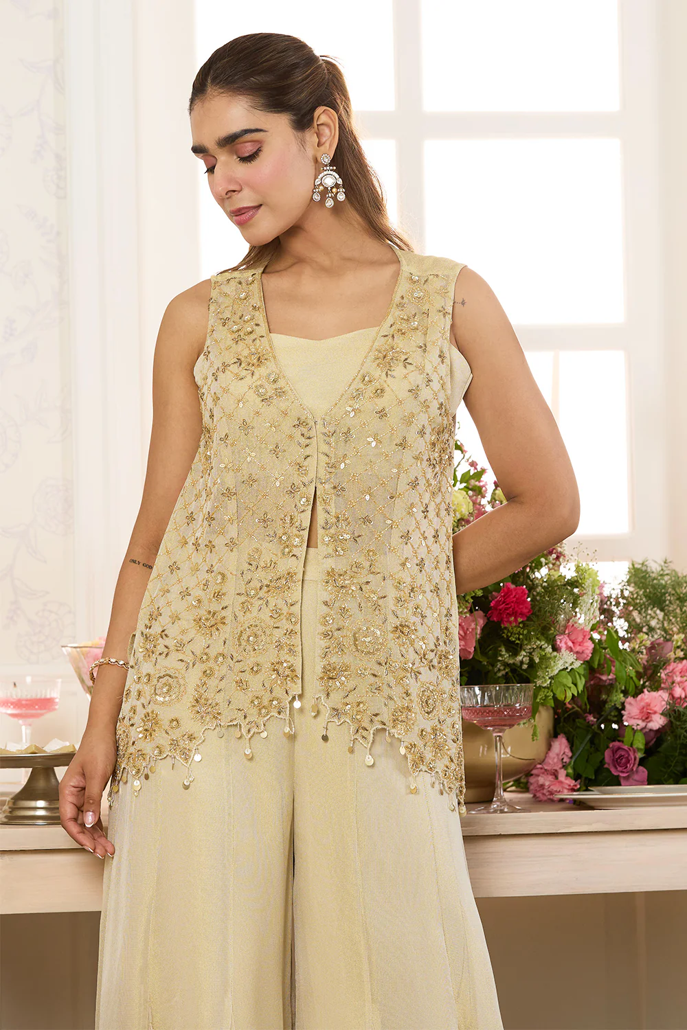 Beige Shimmer Fabric Embroidered Jacket, Crop Top & Palazzo Co-ord Set - Image 4