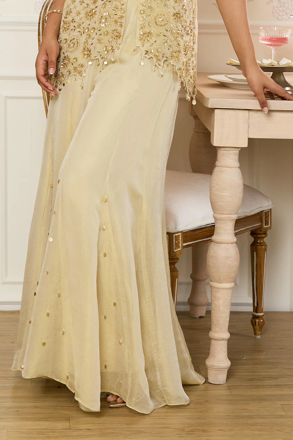 Beige Shimmer Fabric Embroidered Jacket, Crop Top & Palazzo Co-ord Set - Image 8