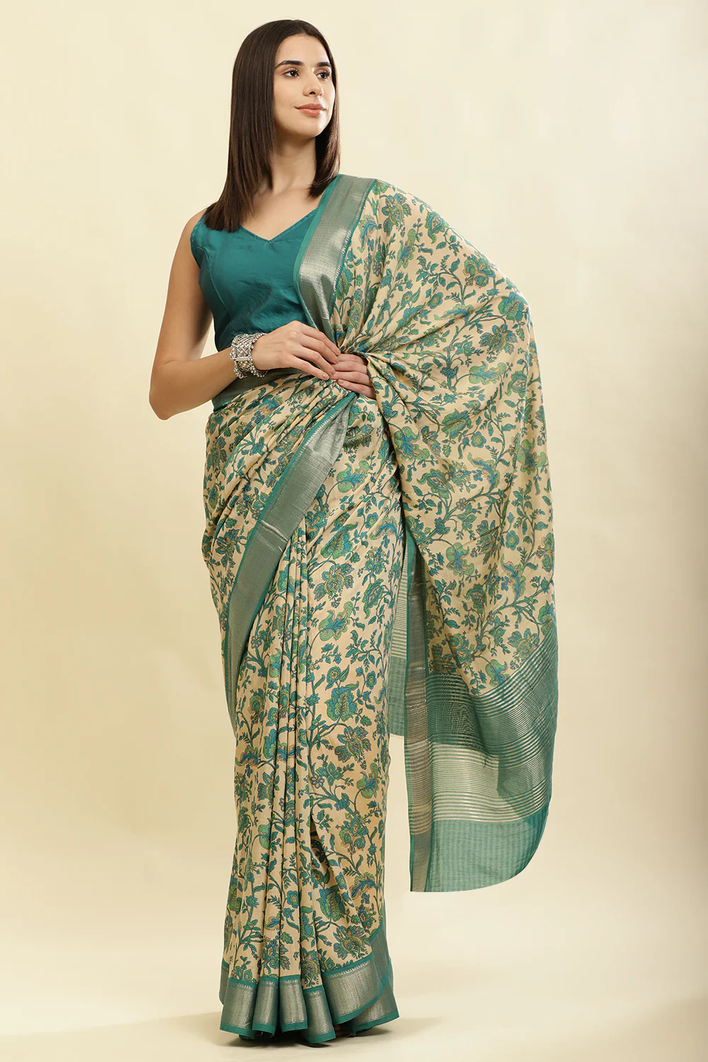 Beige & Teal Cotton Silk Floral Printed Saree - Image 5