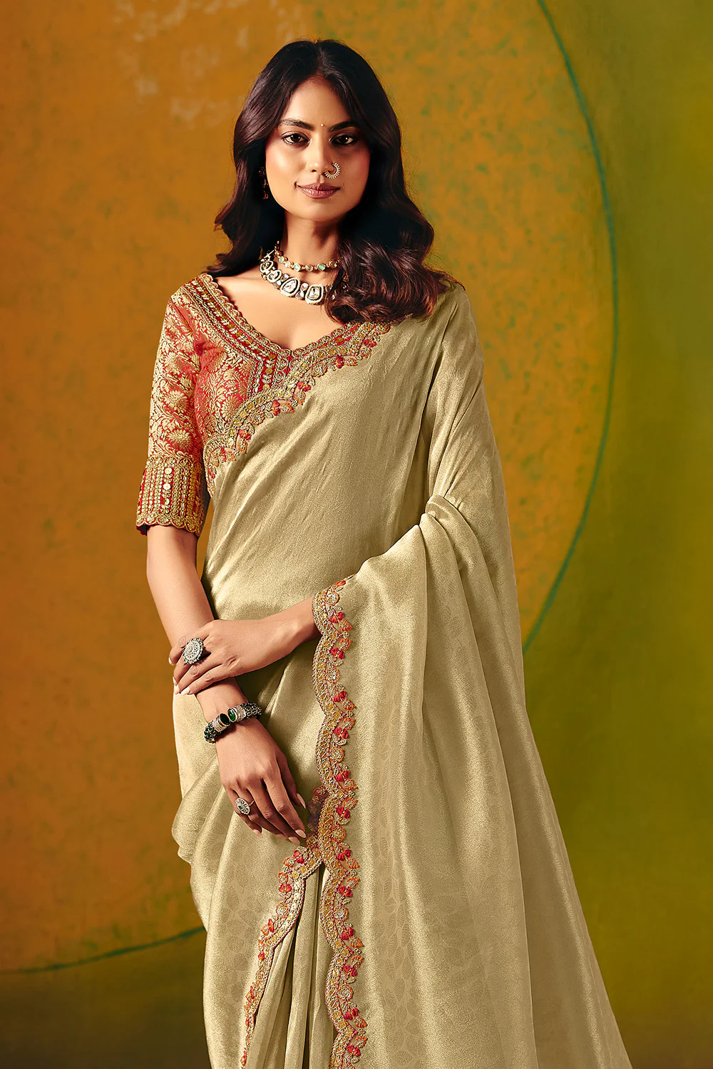 Beige Tissue Silk Border Embroidered Saree With Banarsi Woven Readymade Blouse - Image 2