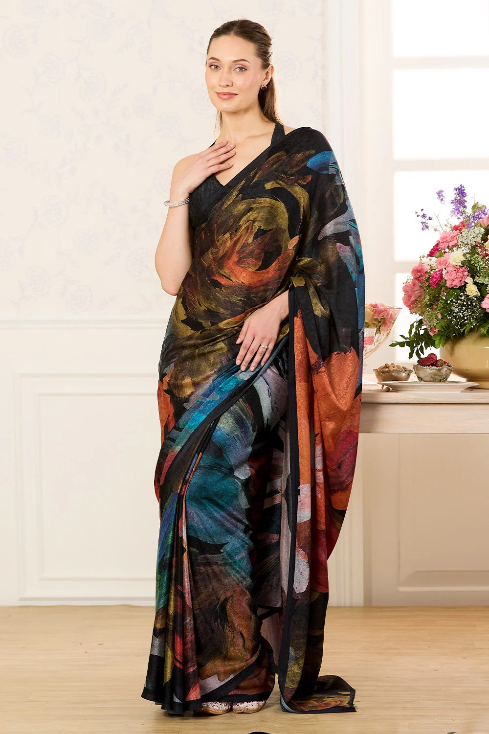 Black Abstract Printed Jacquard Silk Saree - Image 2
