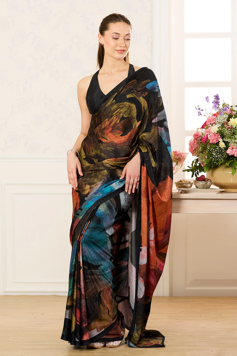 Black Abstract Printed Jacquard Silk Saree - Image 4