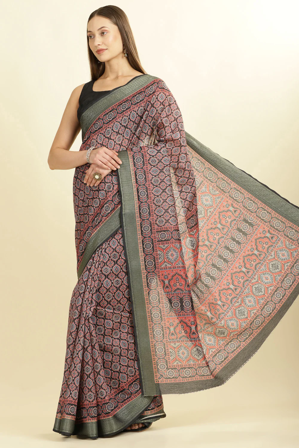 Black Ajrakh Block Printed Cotton Saree - Image 2