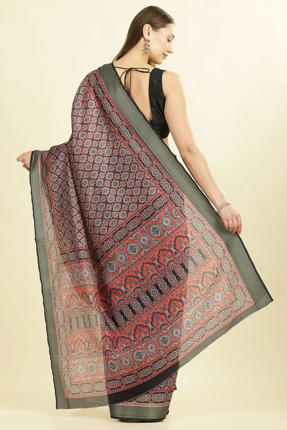 Black Ajrakh Block Printed Cotton Saree - Image 3