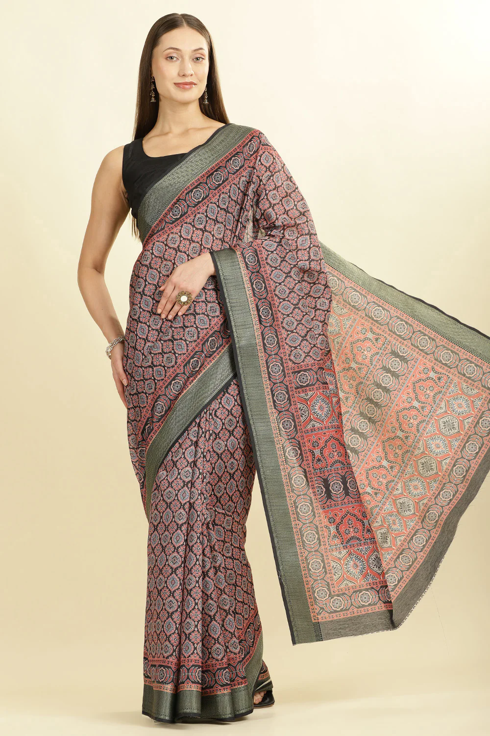Black Ajrakh Block Printed Cotton Saree - Image 4