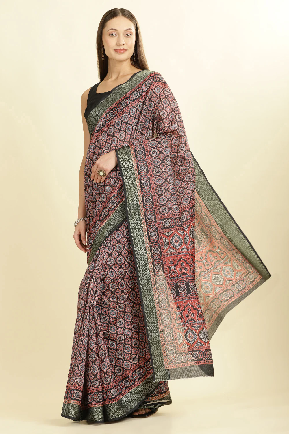 Black Ajrakh Block Printed Cotton Saree - Image 5