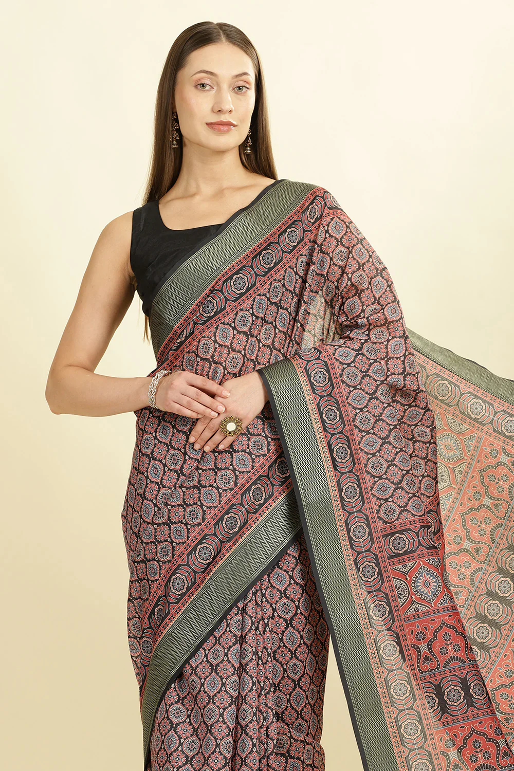 Black Ajrakh Block Printed Cotton Saree - Image 6