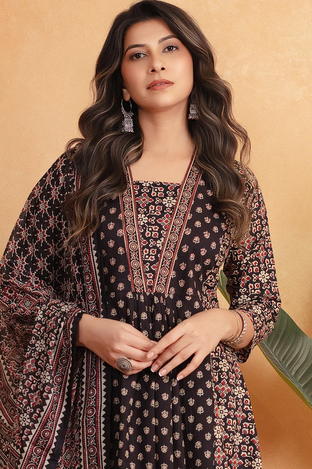 Black Ajrakh Printed Cotton Anarkali Suit - Image 2
