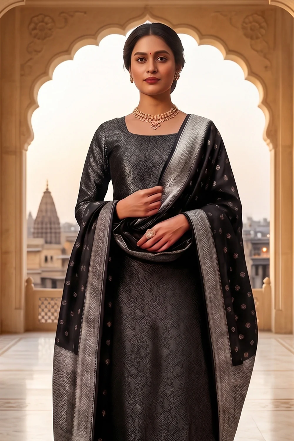 Black Banarsi Silk Woven Unstitched Suit Material - Image 3