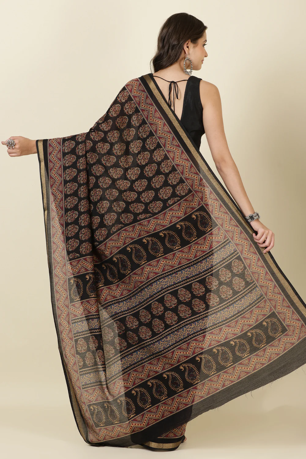 Black Block Printed Cotton Saree - Image 4
