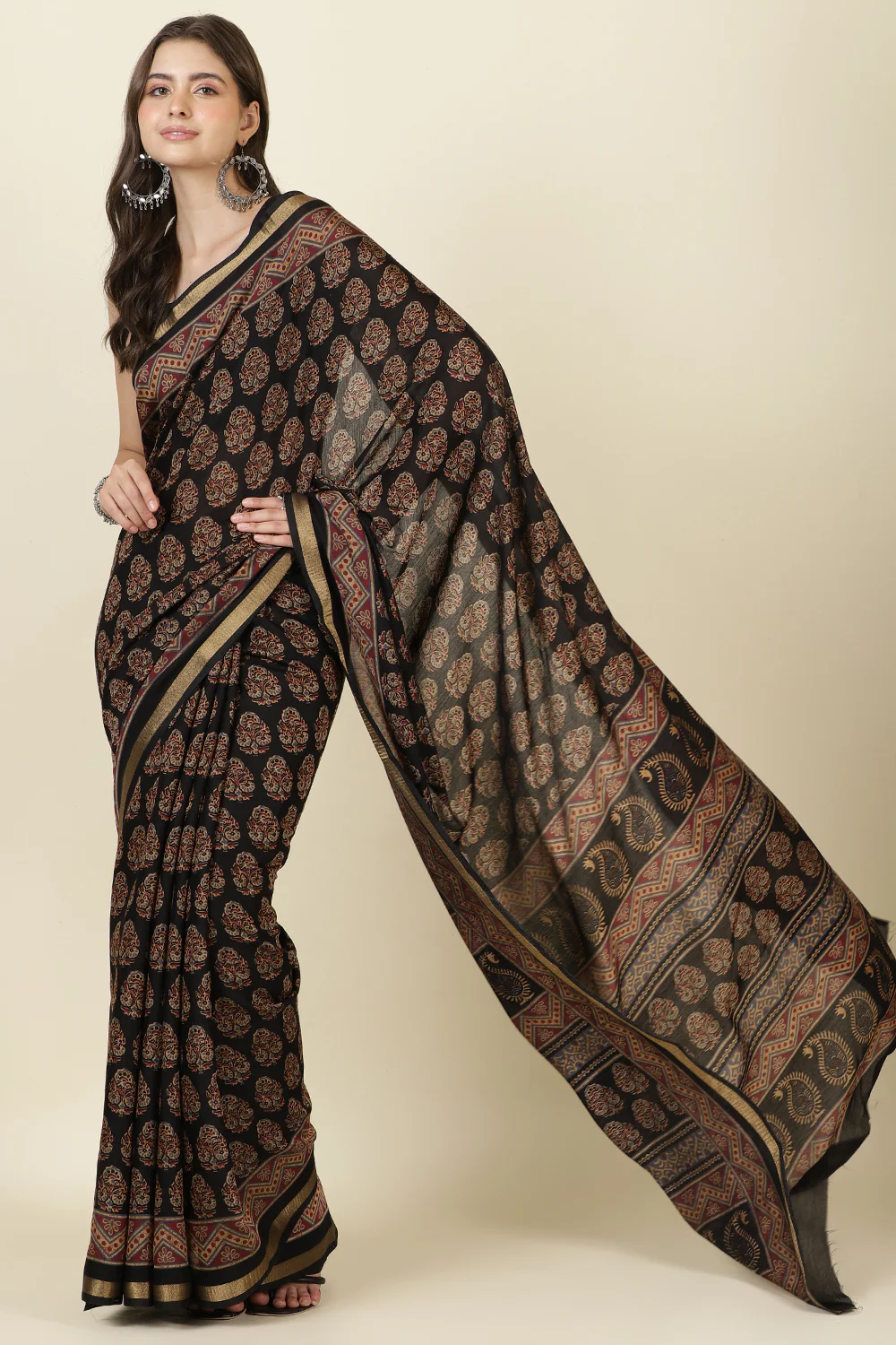 Black Block Printed Cotton Saree - Image 5