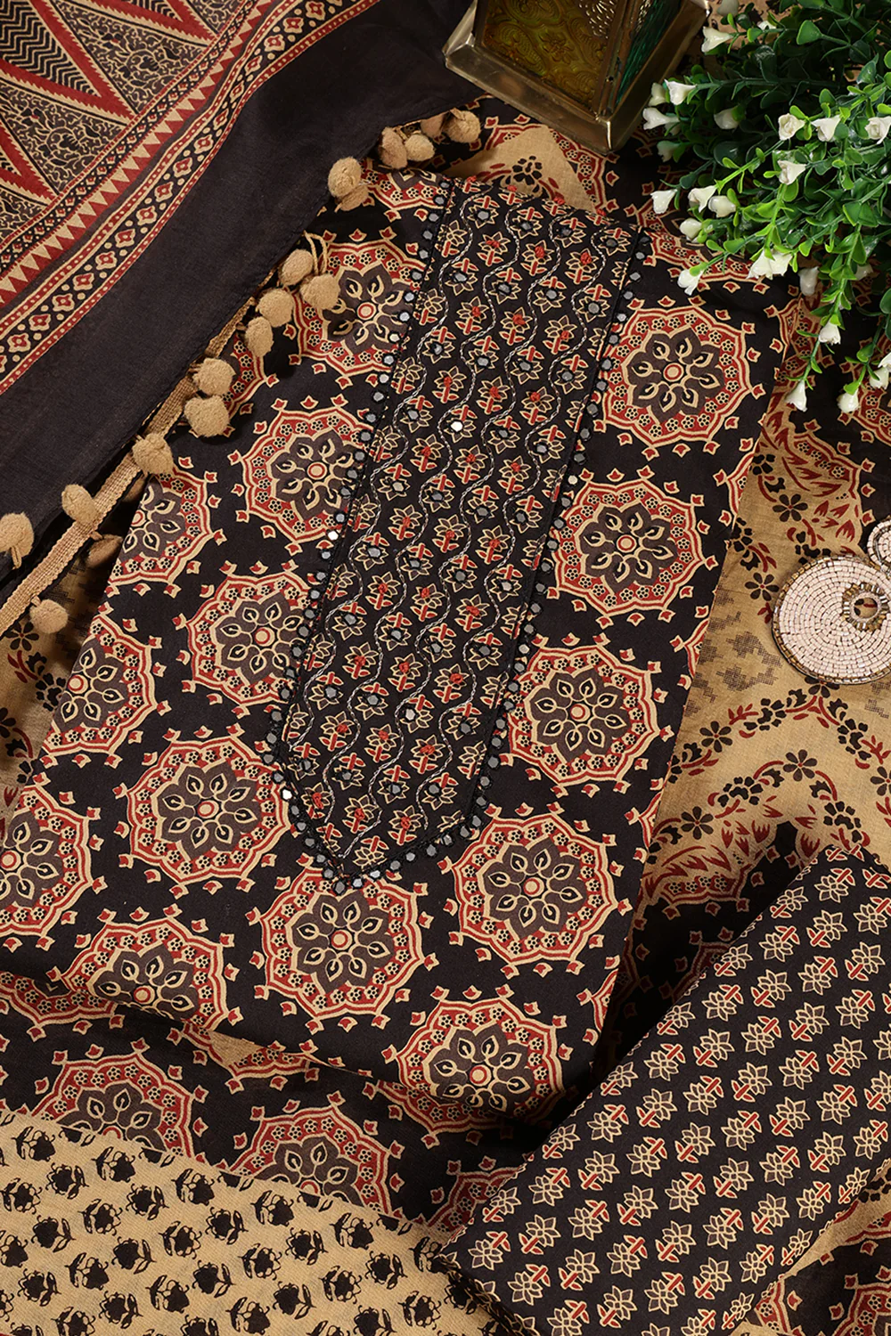 Black Cambric Cotton Printed And Mirror Wrok Unstitched Suit Material - Image 2