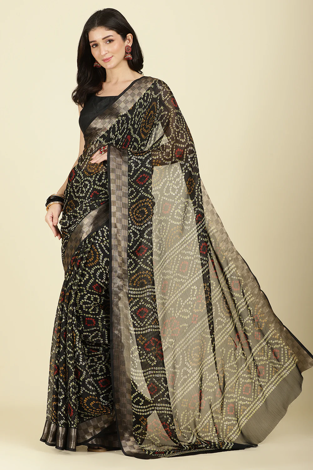 Black Color Chiffon Bandhani Printed Saree - Image 5