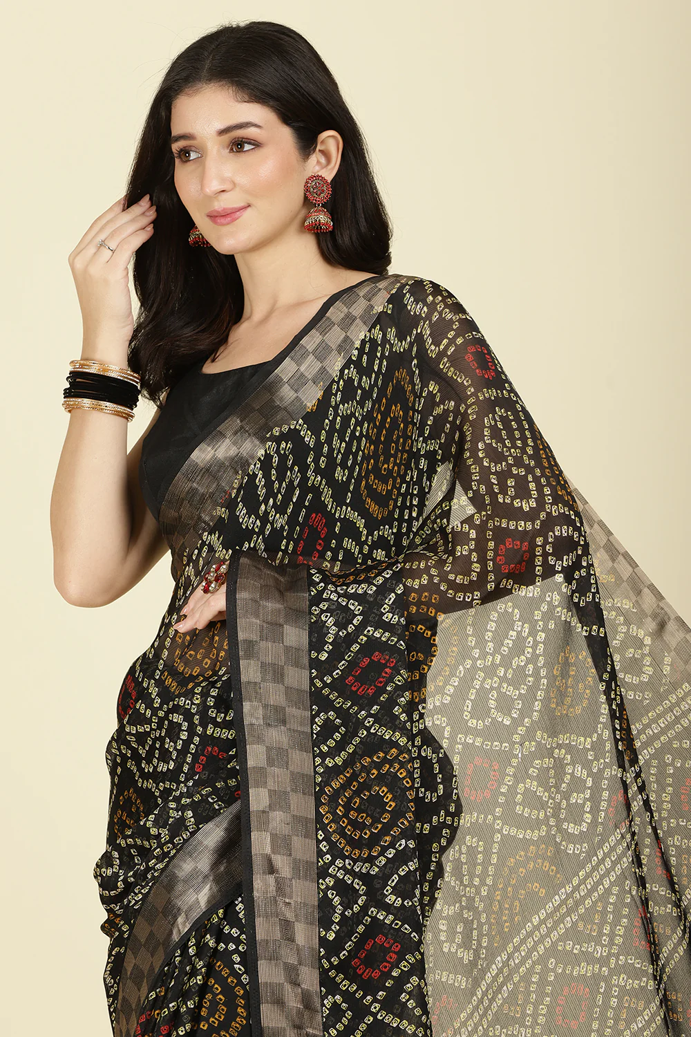 Black Color Chiffon Bandhani Printed Saree - Image 7
