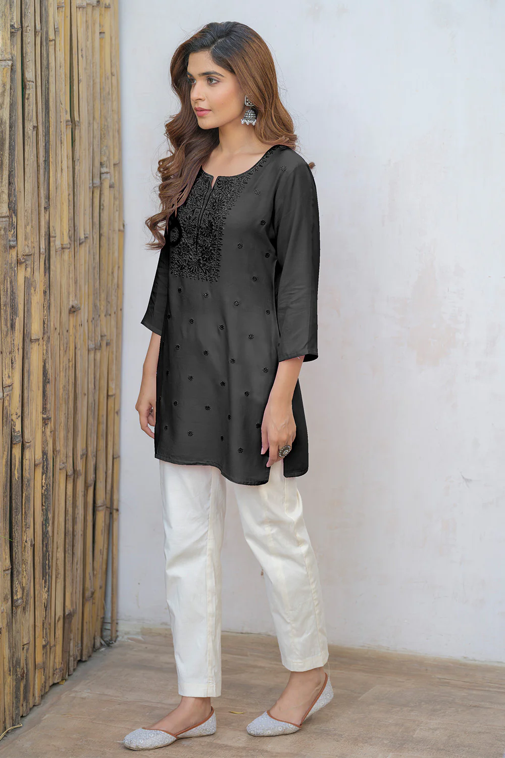 Black Color Neck Embroidered Cotton Kurti - Image 2