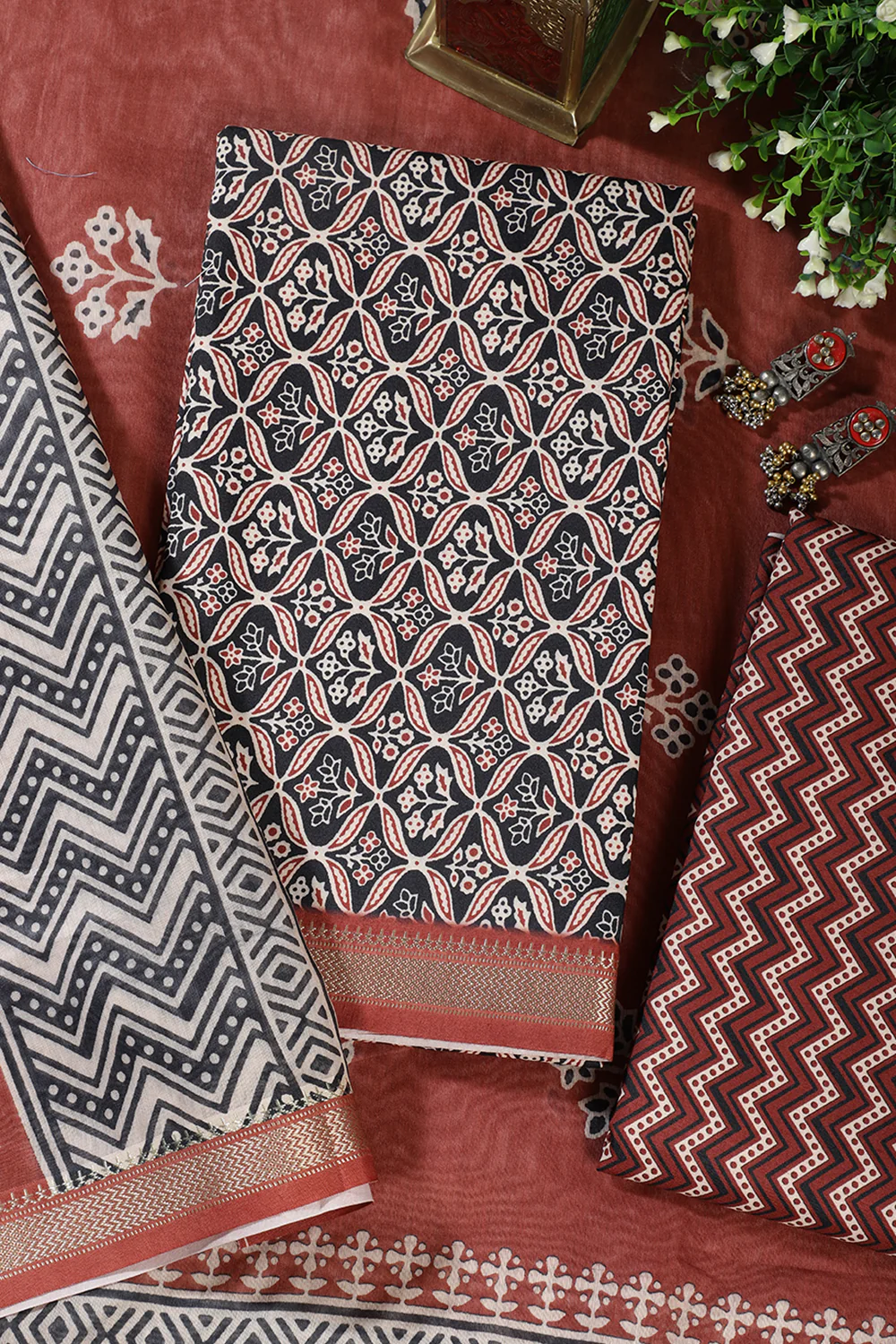 Black Cotton Ajrakh Block Print Unstitched Suit Material