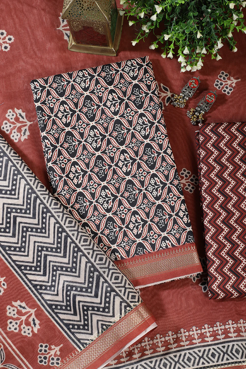 Black Cotton Ajrakh Block Print Unstitched Suit Material - Image 2