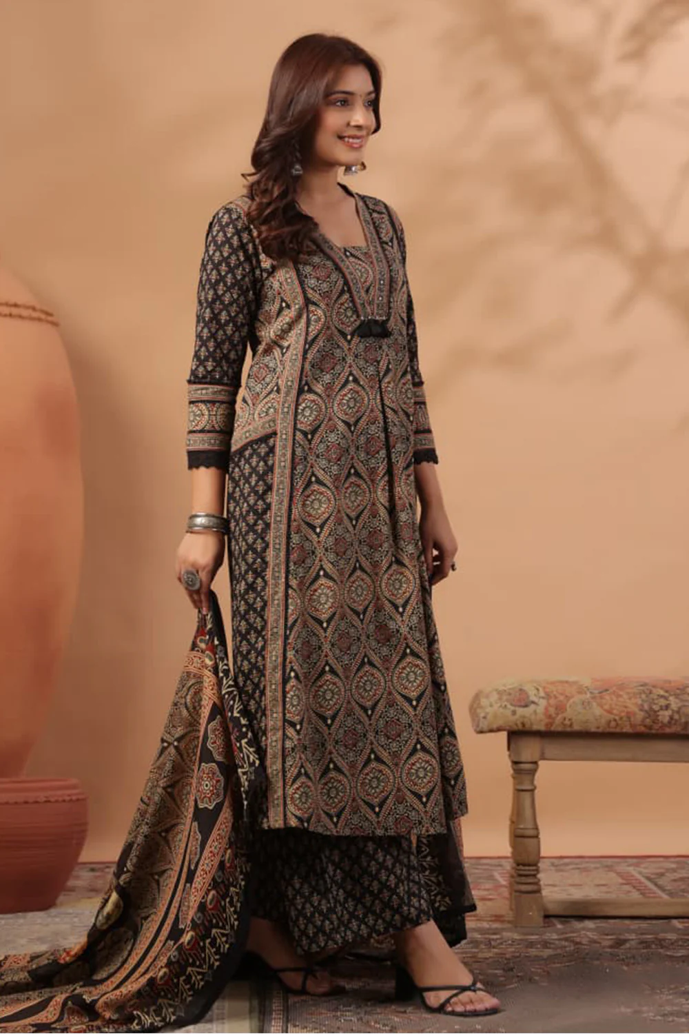 Black Cotton Ajrakh Printed Anarkali Suit With Palazzo - Image 2