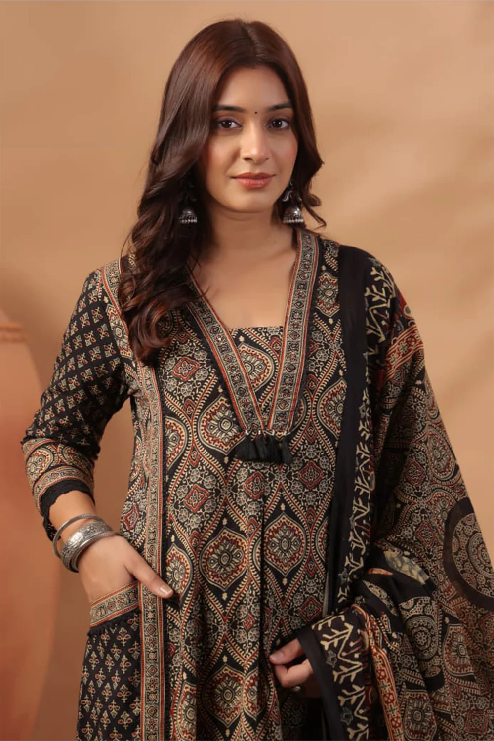 Black Cotton Ajrakh Printed Anarkali Suit With Palazzo - Image 4