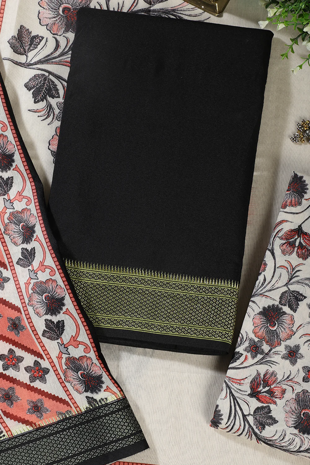 Black Cotton Unstitched Suit Material With Floral Printed Dupatta & Salwar - Image 2