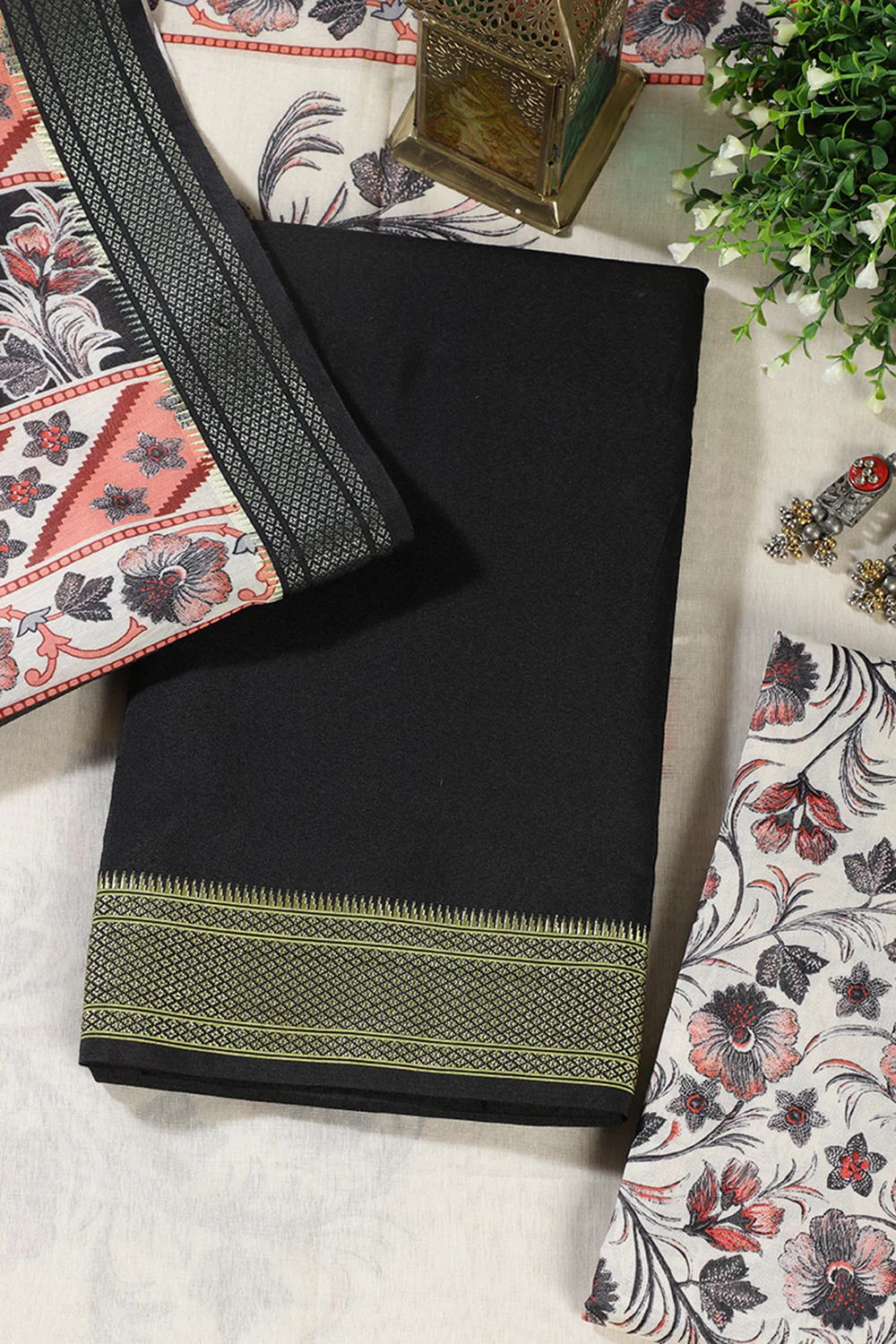 Black Cotton Unstitched Suit Material With Floral Printed Dupatta & Salwar - Image 4