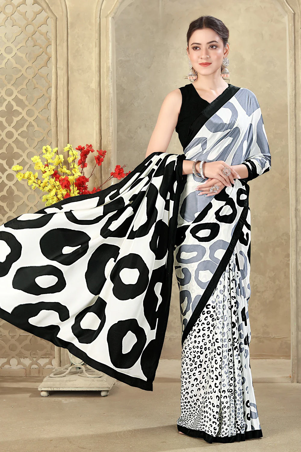 Black & Cream Printed Crepe Silk Saree