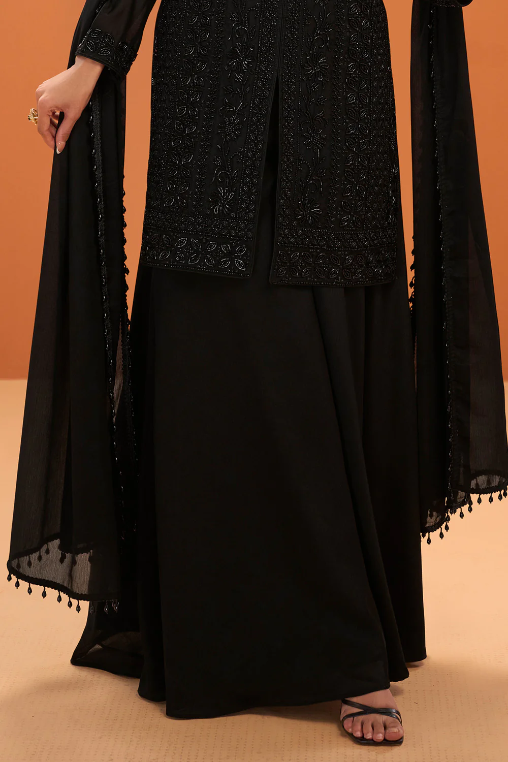 Black Crepe Silk Embroidered Suit With Palazzo - Image 4