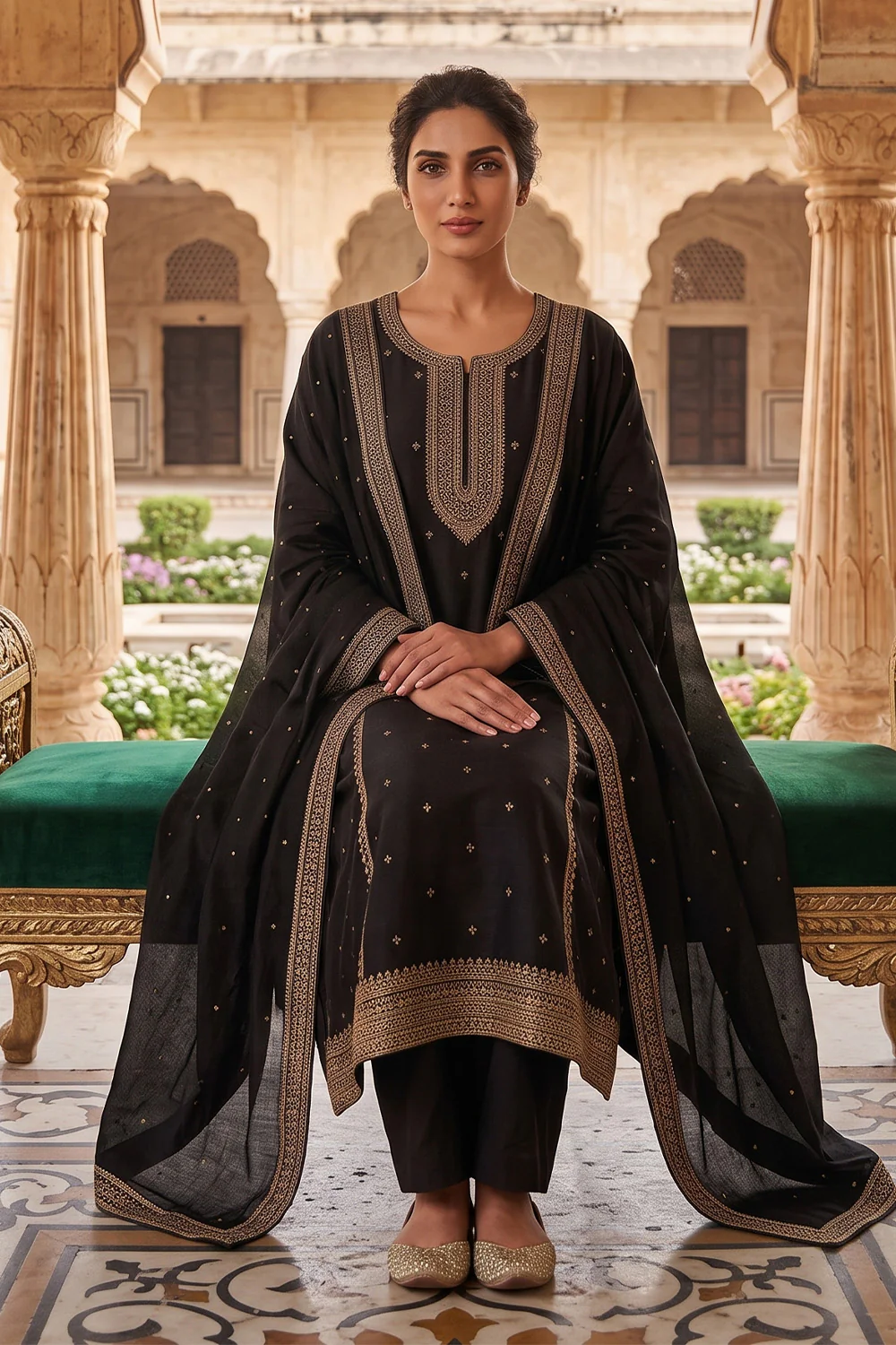 Black Crepe Silk Zari and Sequins Embroidered Anarkali Suit - Image 2