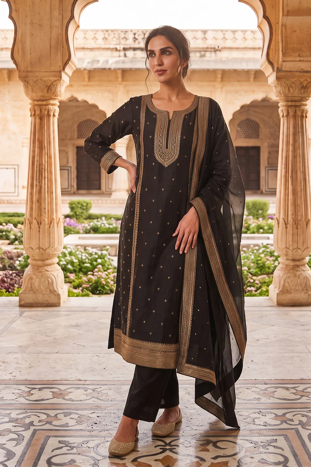 Black Crepe Silk Zari and Sequins Embroidered Anarkali Suit - Image 3