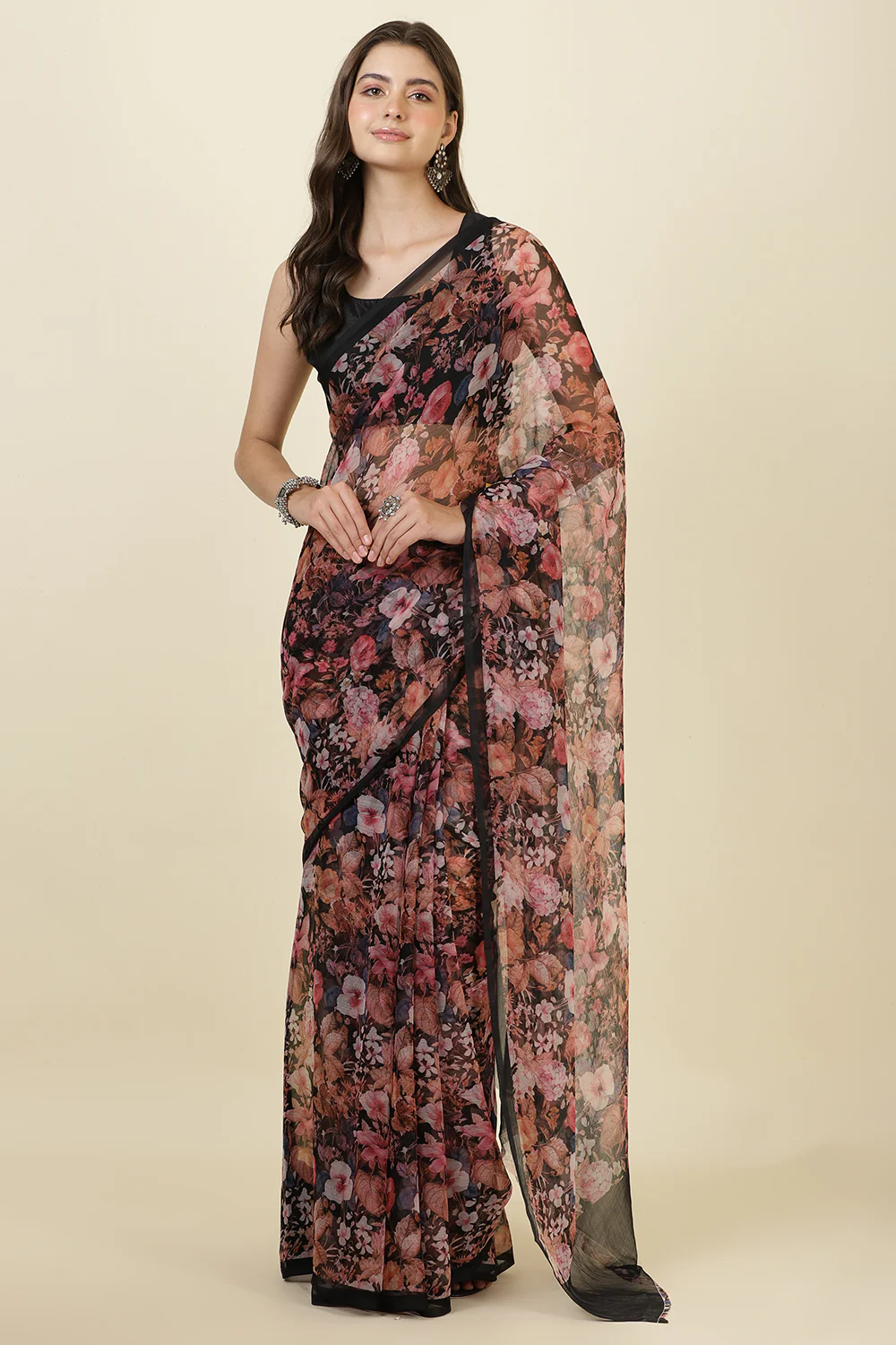 Black Floral Printed Chiffon Saree - Image 2