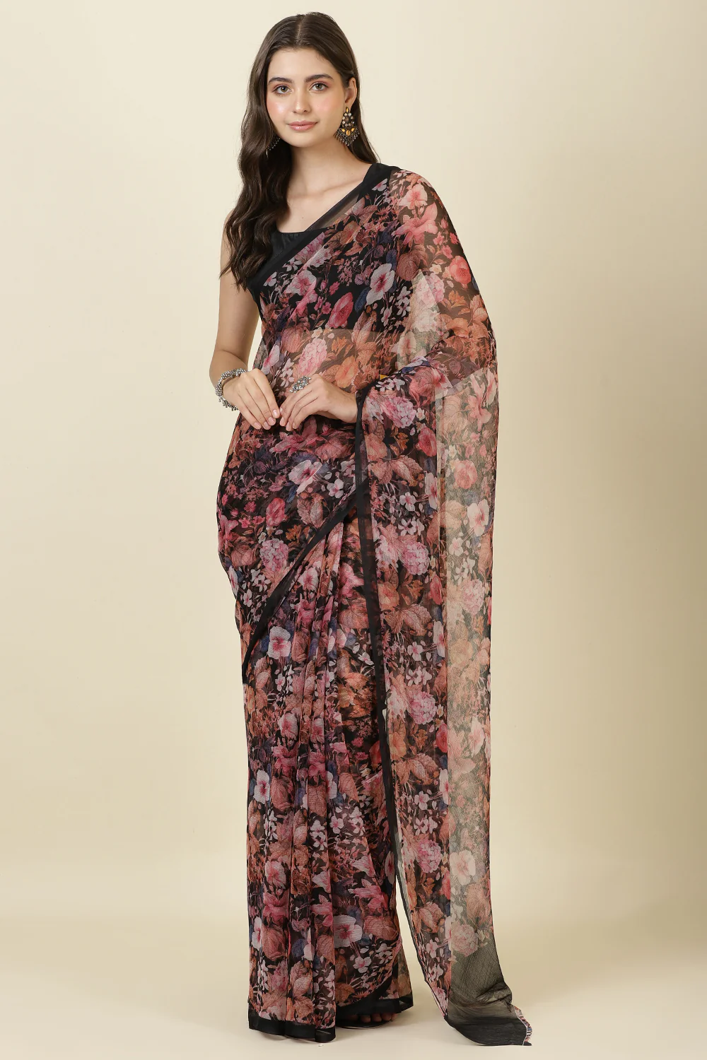 Black Floral Printed Chiffon Saree - Image 5