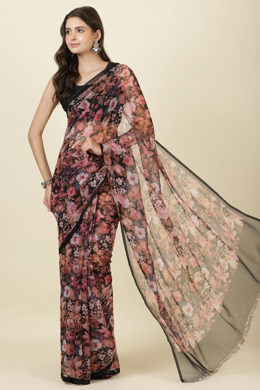 Black Floral Printed Chiffon Saree - Image 6