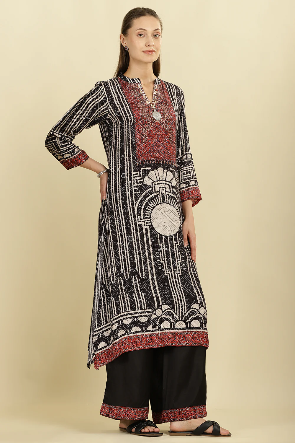 Black Muslin Ajrakh Printed Suit with Palazzo - Image 5