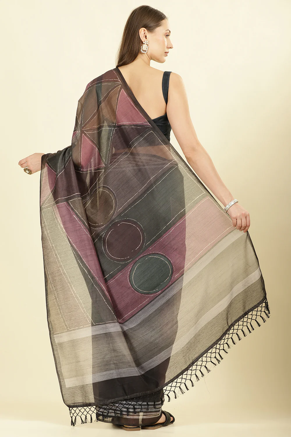Black Organza Cotton Printed Saree - Image 3
