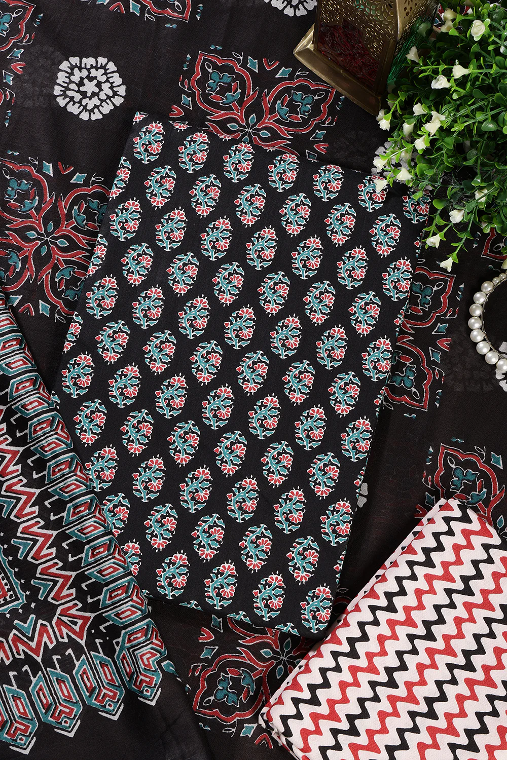 Black Poplin Cotton Printed Unstitched Suit Material - Image 2