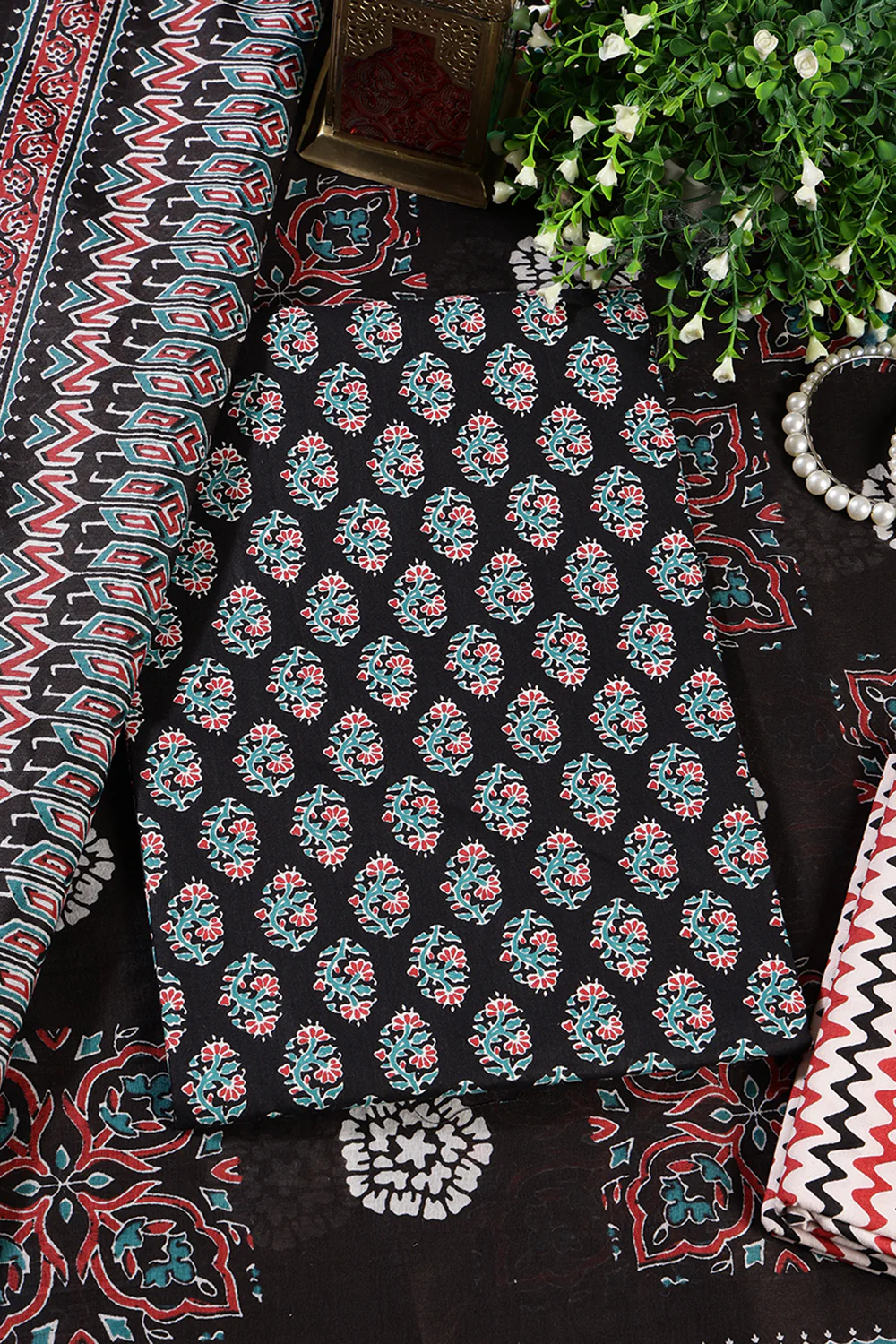 Black Poplin Cotton Printed Unstitched Suit Material - Image 3
