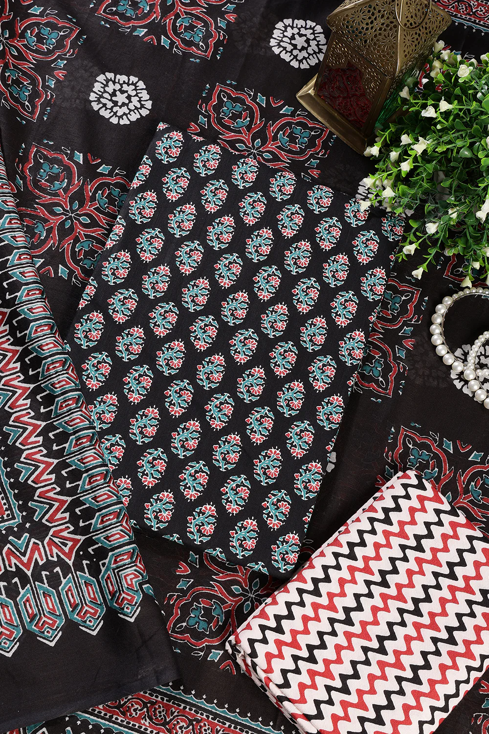 Black Poplin Cotton Printed Unstitched Suit Material - Image 4