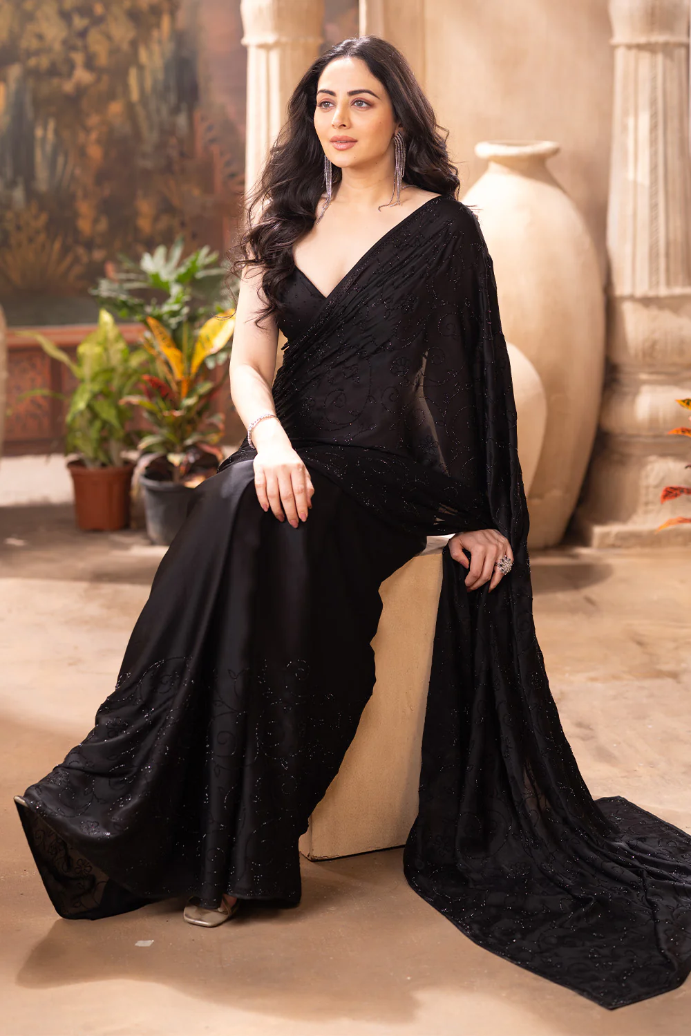 Black Satin Silk Swaroski Work Saree - Image 4