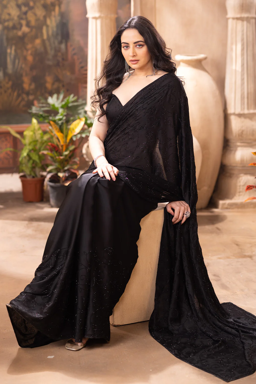 Black Satin Silk Swaroski Work Saree - Image 5