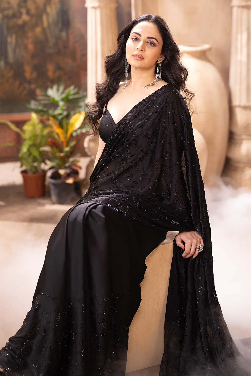 Black Satin Silk Swaroski Work Saree - Image 7