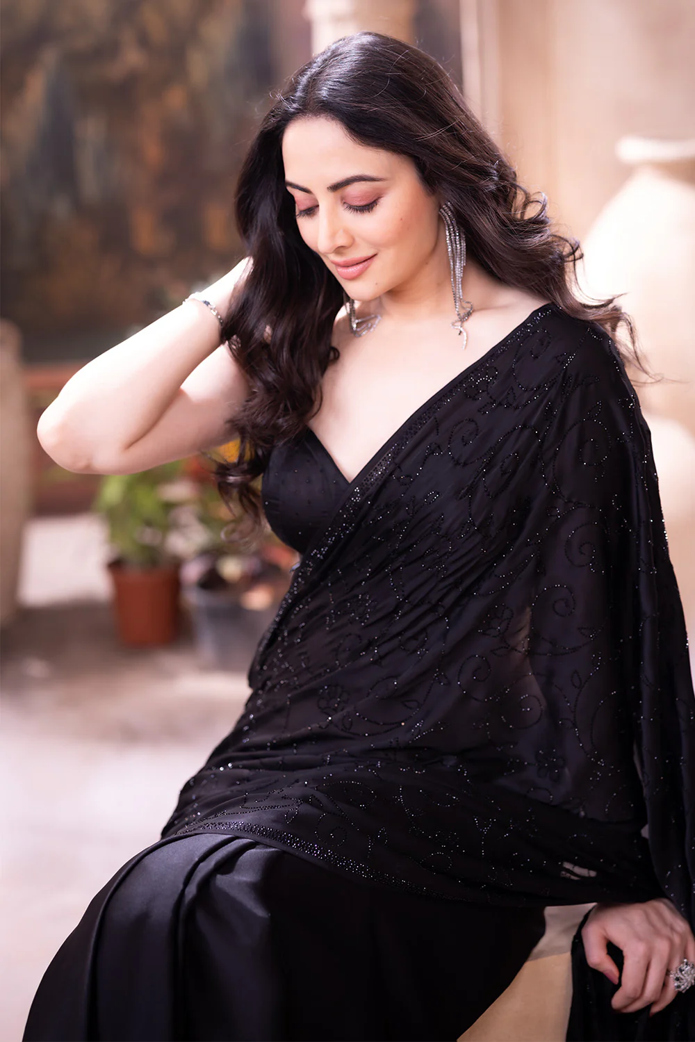 Black Satin Silk Swaroski Work Saree - Image 9